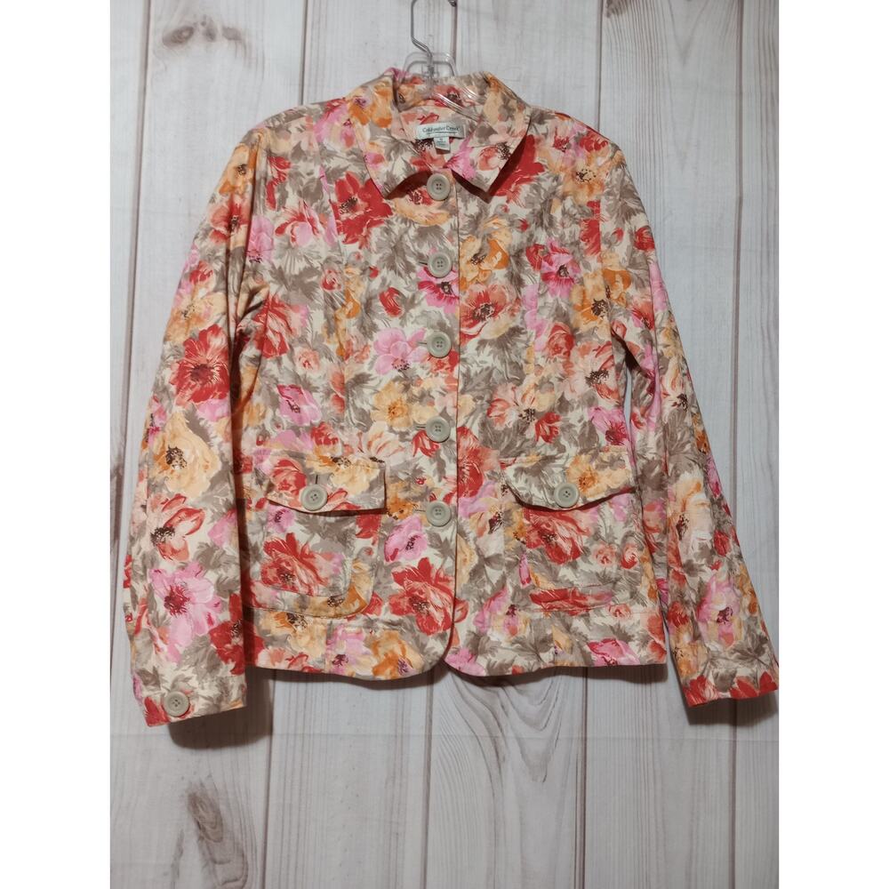 Coldwater Creek Womens Floral Cotton Jacket Red Orange Pink Lined Size 12